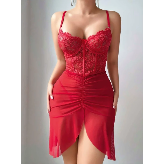 ieg ™ Kadın Ateş Kırmızısı Önden Yırtmaçlı Tül Fantezi Gecelik 2241