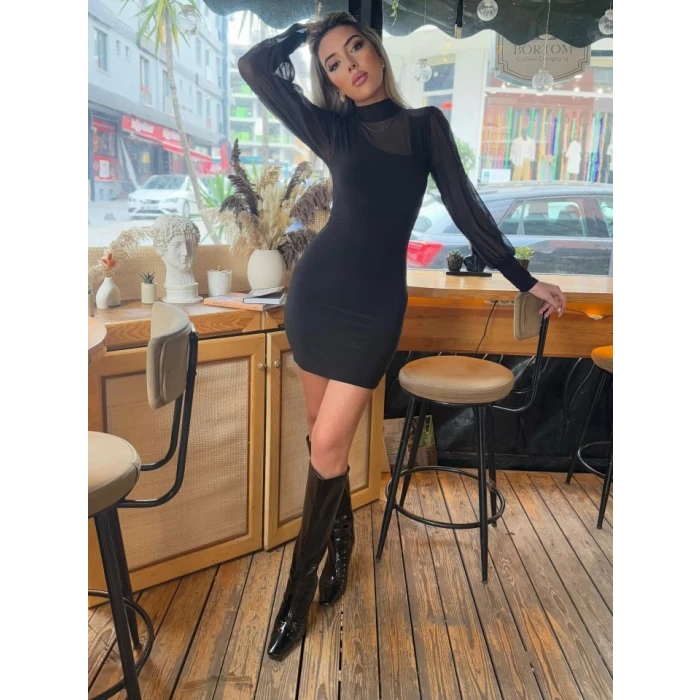 ieg™ Kadın Balıkçı Yaka Transparan Detay Fırsat ürün Sandy Kumaş Mini Elbise