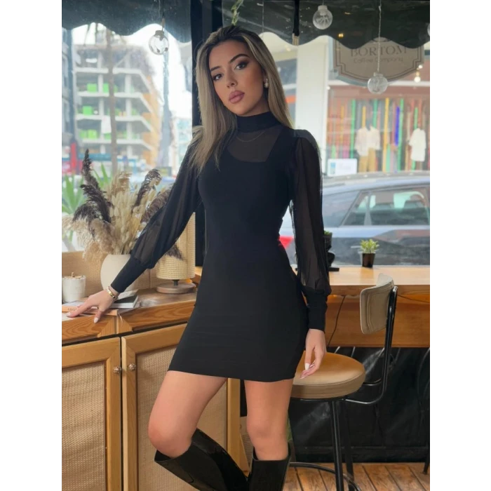 ieg™ Kadın Balıkçı Yaka Transparan Detay Fırsat ürün Sandy Kumaş Mini Elbise