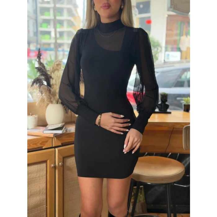 ieg™ Kadın Balıkçı Yaka Transparan Detay Fırsat ürün Sandy Kumaş Mini Elbise