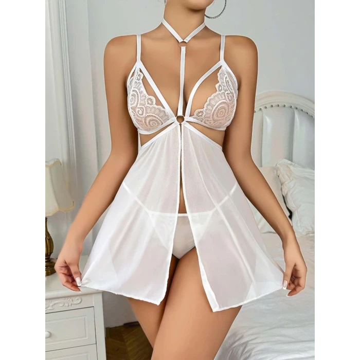 ieg ™ Kadın Beyaz Fantezi Gecelik Kısa Tül Boyundan bağlamalı Göğüs Dekolteli 2163