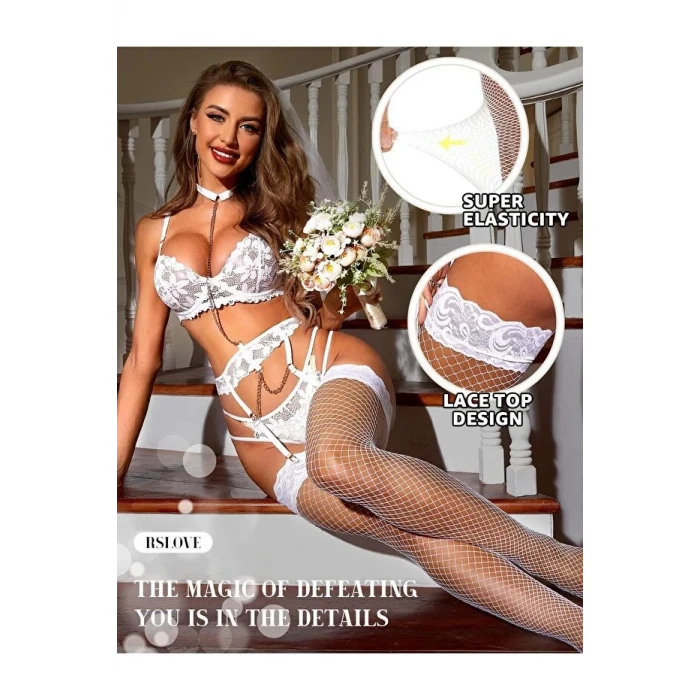 ieg™ Kadın Beyaz File Silikonlu Jartiyer Çorabı