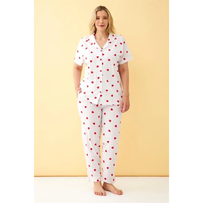 ieg ™ Kadın Beyaz Kırmızı Kalp Desenli Önden Düğmeli Büyük Beden Pijama Takımı