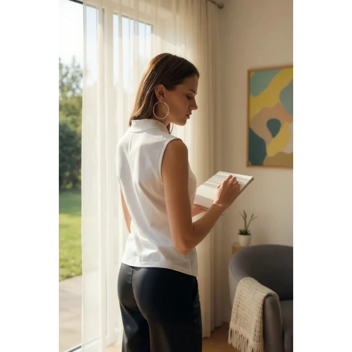 ieg™ Kadın Beyaz Kolsuz Balıkçı Yaka Basic Bluz