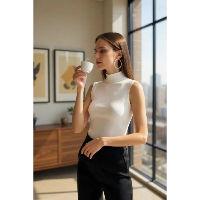 ieg™ Kadın Beyaz Kolsuz Balıkçı Yaka Basic Bluz