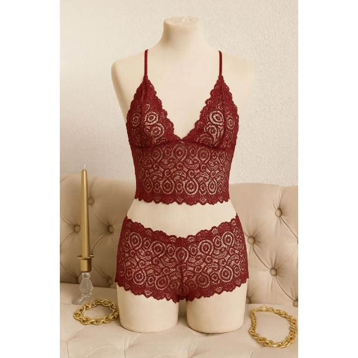 ieg™ Kadın Bordo Dantel Bralet Şort Takımı – Asil ve Sofistike İç Giyim