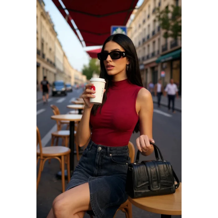 ieg™ Kadın Bordo Kolsuz Balıkçı Yaka Basic Bluz