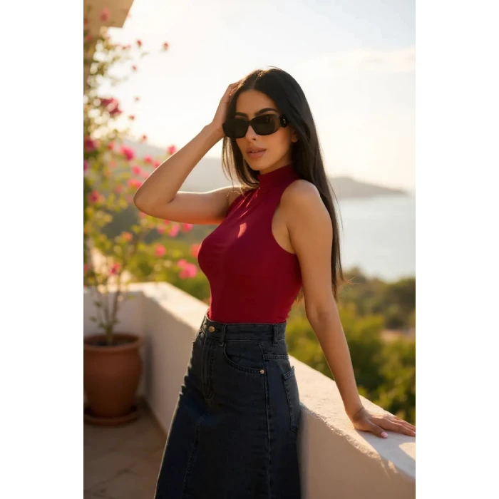 ieg™ Kadın Bordo Kolsuz Balıkçı Yaka Basic Bluz