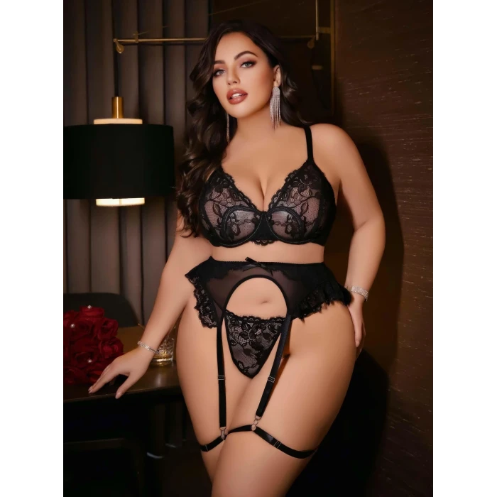 ieg ™ Kadın Büyük beden dantel detaylı fantezi jartiyer takımı 8010