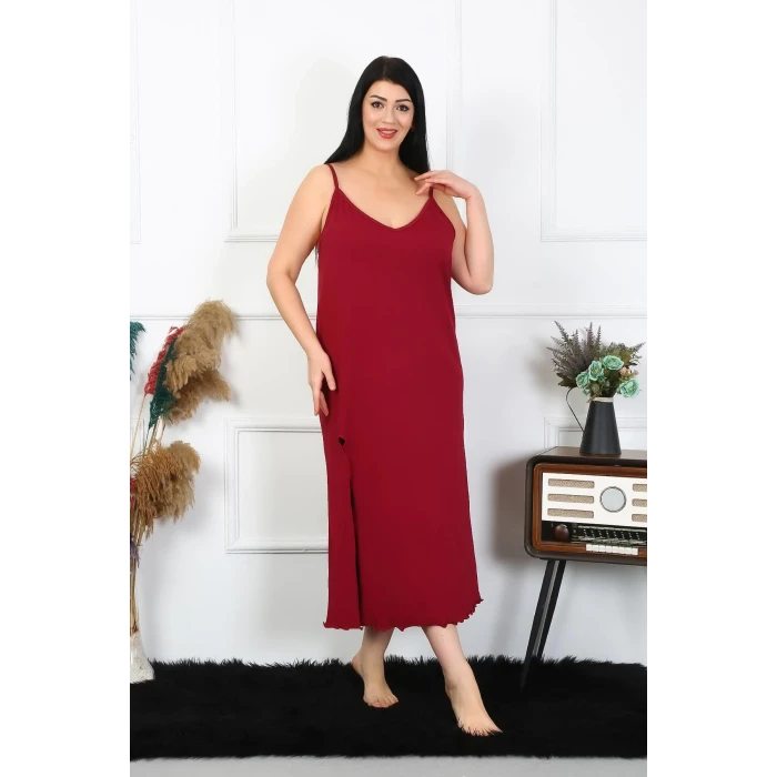ieg ™ Kadın Büyük Beden İp Askılı Pamuklu Bordo Uzun Gecelik