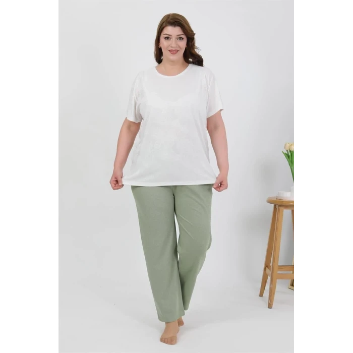 ieg ™ Kadın Büyük Beden Kısa Kol Penye Pijama Takımı Beyaz