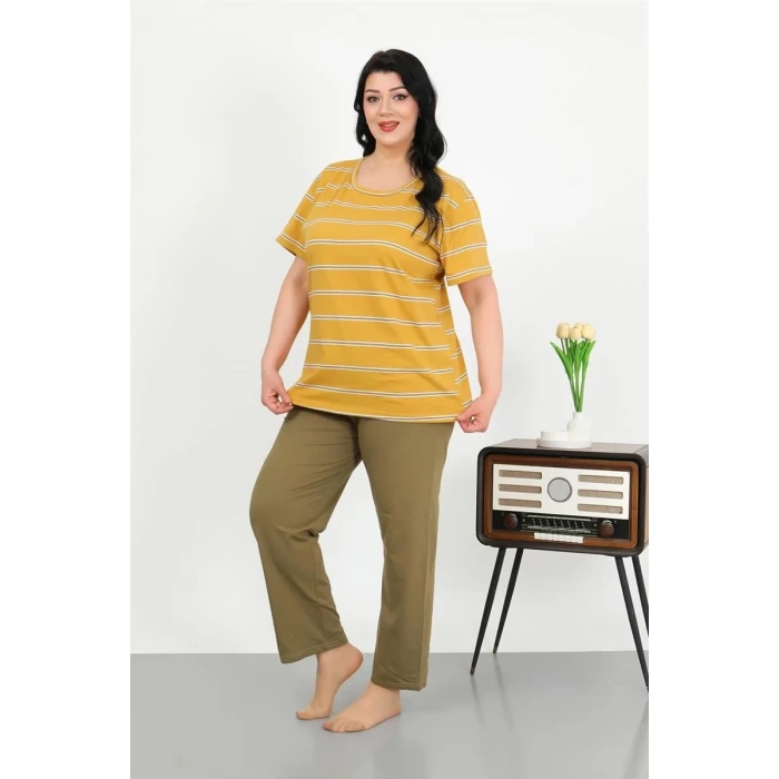 ieg ™ Kadın Büyük Beden Kısa Kol Penye Pijama Takımı Sarı