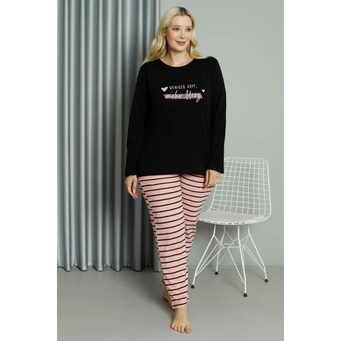 ieg ™ Kadın Büyük Beden Penye Uzun Kol Pijama Takım Siyah