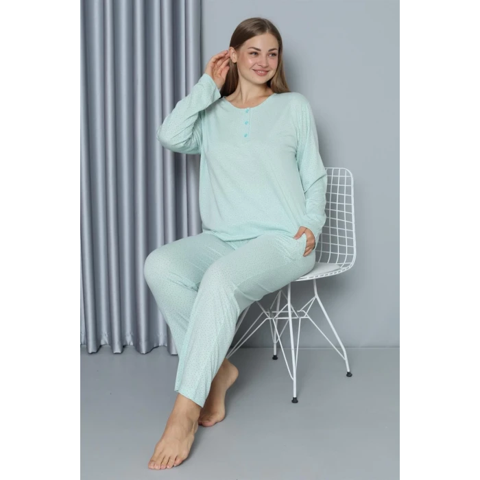 ieg ™ Kadın Büyük Beden Penye Uzun Kol Pijama Takım Su Yeşili