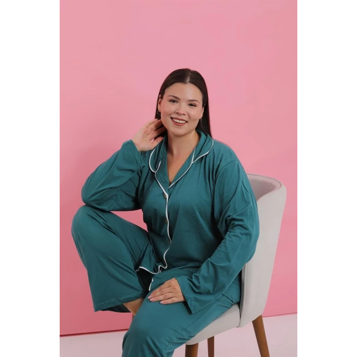 ieg ™ Kadın Büyük Beden Petrol Rengi Düğmeli Pijama Takımı