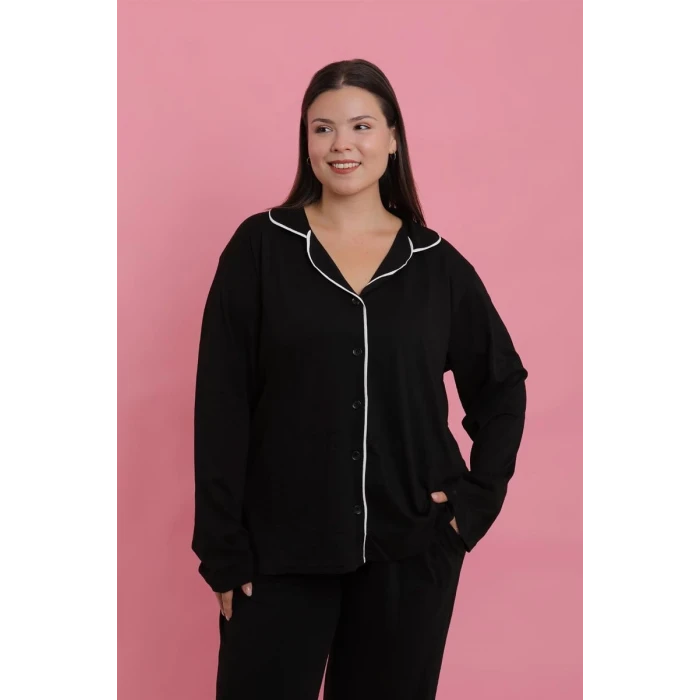 ieg ™ Kadın Büyük Beden Siyah Düğmeli Pijama Takımı