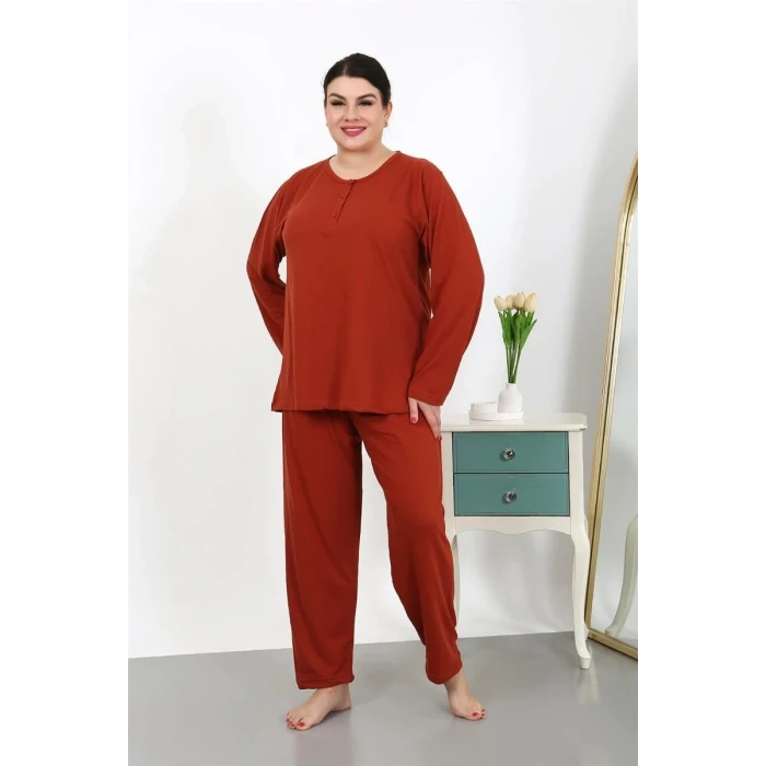 ieg ™ Kadın Büyük Beden Uzun Kol Penye Pijama Takımı Kiremit