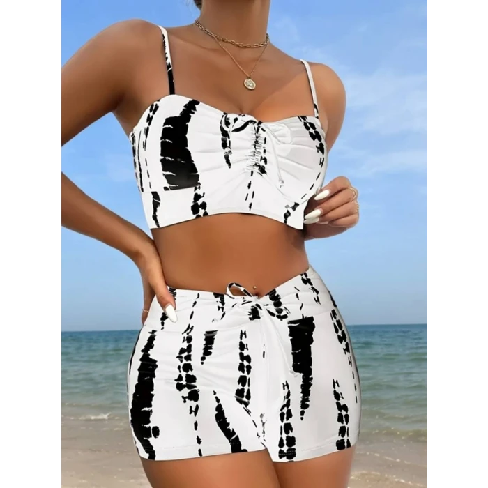 ieg™ Kadın Büzgü Detay Askılı Crop Mini Tayt Ikili Takım