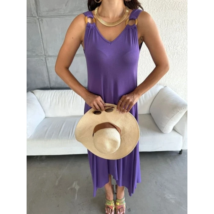 ieg™ Kadın çan Dokuma Kumaş V Yaka Asimetrik Kesim Elbise