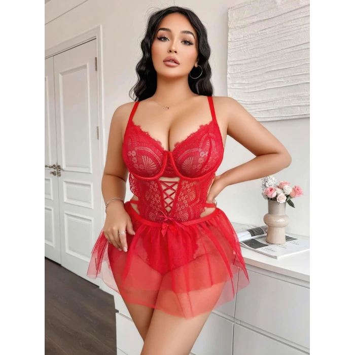 ieg ™ Kadın Çapraz İpli Dantelli Büyük Beden Tüllü Transparan Fantezi Gecelik 8008