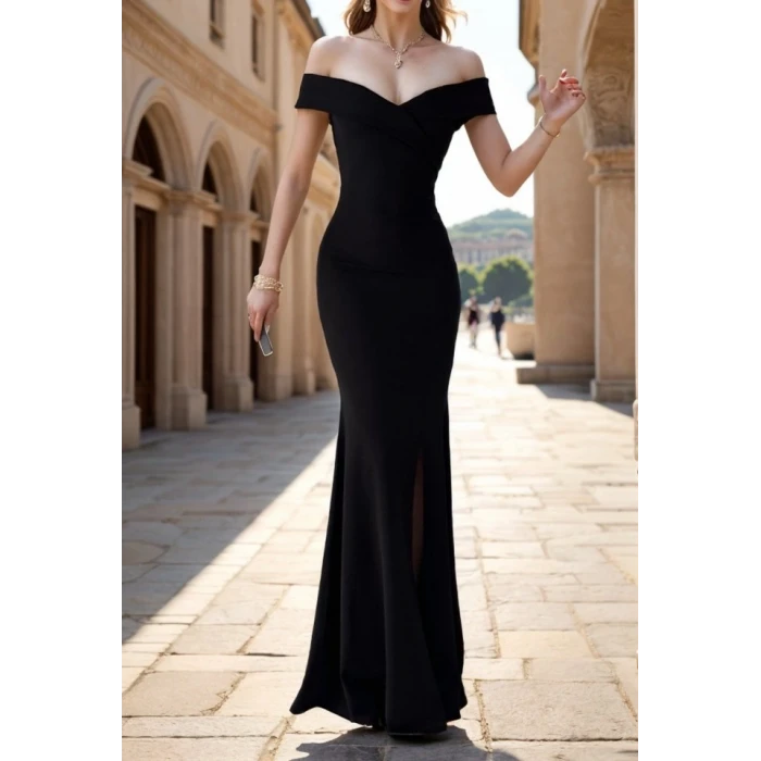 ieg™ Kadın Dalgıç Kumaş Kayık Yaka Ve Dekolte Detaylı Elbise