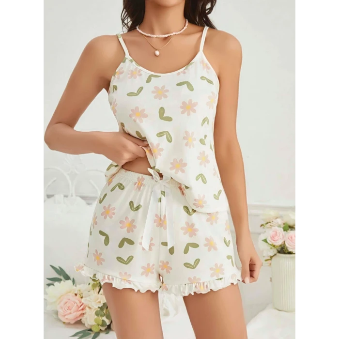ieg™ Kadın Ekru Çiçek Baskılı Şortlu Gecelik Pijama Takımı 5047