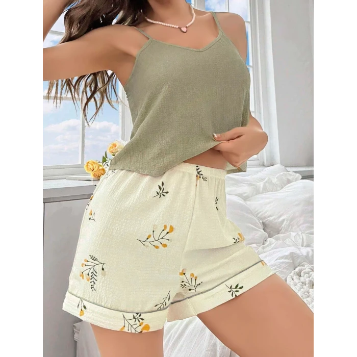 ieg™ Kadın Ekru Çiçek Baskılı Şortlu Gecelik Pijama Takımı 5099