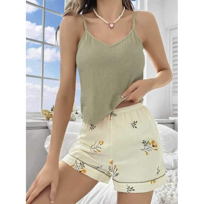 ieg™ Kadın Ekru Çiçek Baskılı Şortlu Gecelik Pijama Takımı 5099