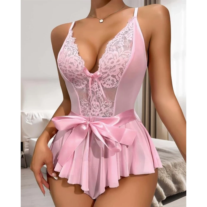ieg ™ Kadın Fantezi Babydoll Dantel Gecelik Pembe