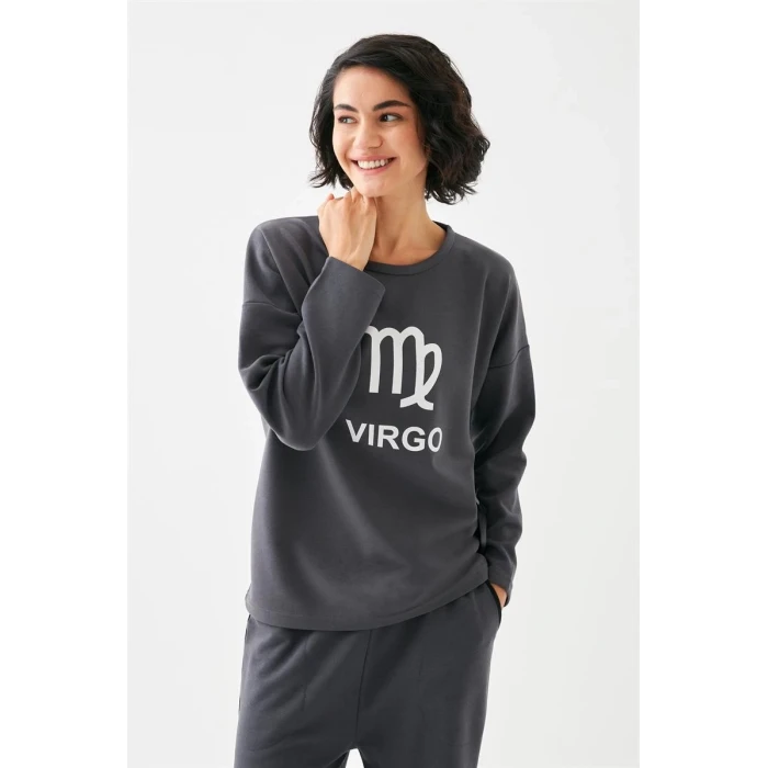 ieg ™ Kadın Füme Başak Burcu Oversize 2 İplik Eşofman Ev Giyim Takımı