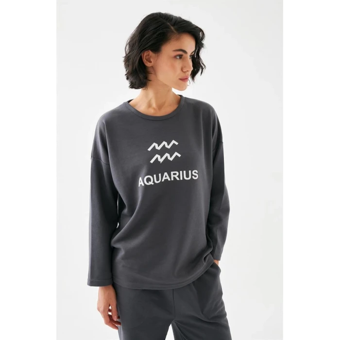 ieg ™ Kadın Füme Kova Burcu Oversize 2 İplik Eşofman Ev Giyim Takımı