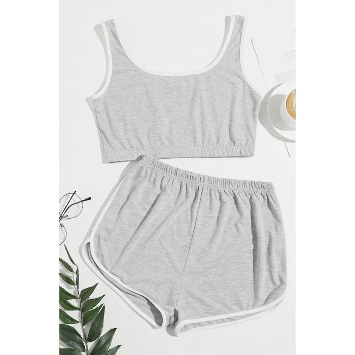 ieg™ Kadın Gri Askılı Crop Top ve Şortlu Gecelik Takım
