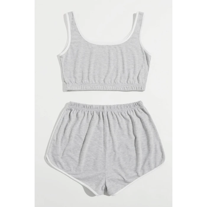 ieg™ Kadın Gri Askılı Crop Top ve Şortlu Gecelik Takım