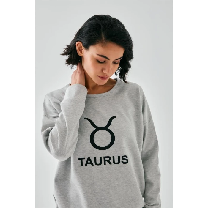 ieg ™ Kadın Gri Boğa Burcu Oversize 2 İplik Eşofman Ev Giyim Takımı