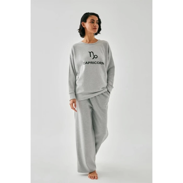 ieg ™ Kadın Gri Oğlak Burcu Oversize 2 İplik Eşofman Ev Giyim Takımı