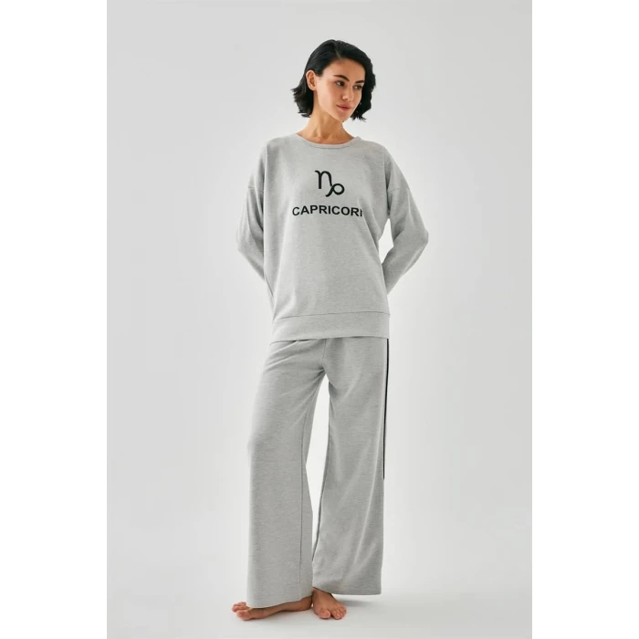 ieg ™ Kadın Gri Oğlak Burcu Oversize 2 İplik Eşofman Ev Giyim Takımı