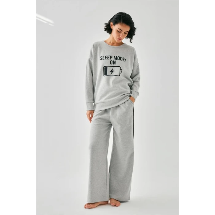 ieg ™ Kadın Gri Sleep Mode ON Oversize 2 İplik Eşofman Ev Giyim Takımı