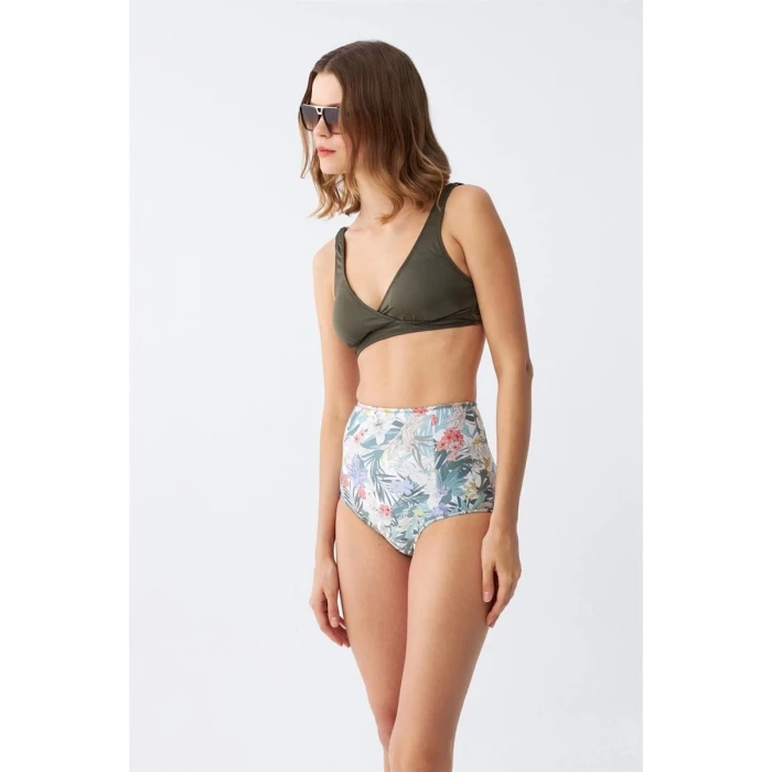 ieg ™ Kadın Haki Pedli Üst ve Yüksek Bel Çiçek Desenli Bikini Takımı
