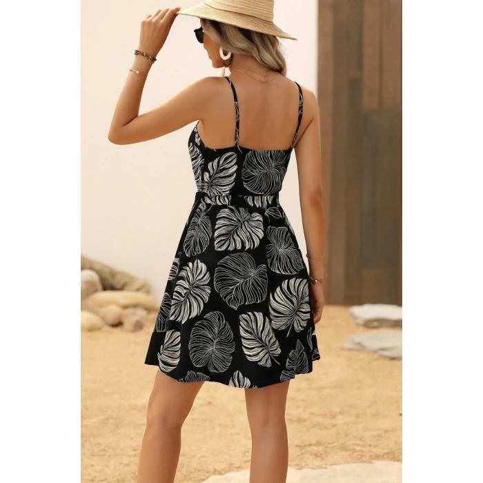 ieg™ Kadın Ip Askılı Kruvaze Yakalı Beli Lastikli Kısa Desenli Süprem Elbise