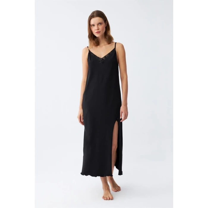 ieg ™ Kadın İp Askılı Uzun Gecelik Siyah