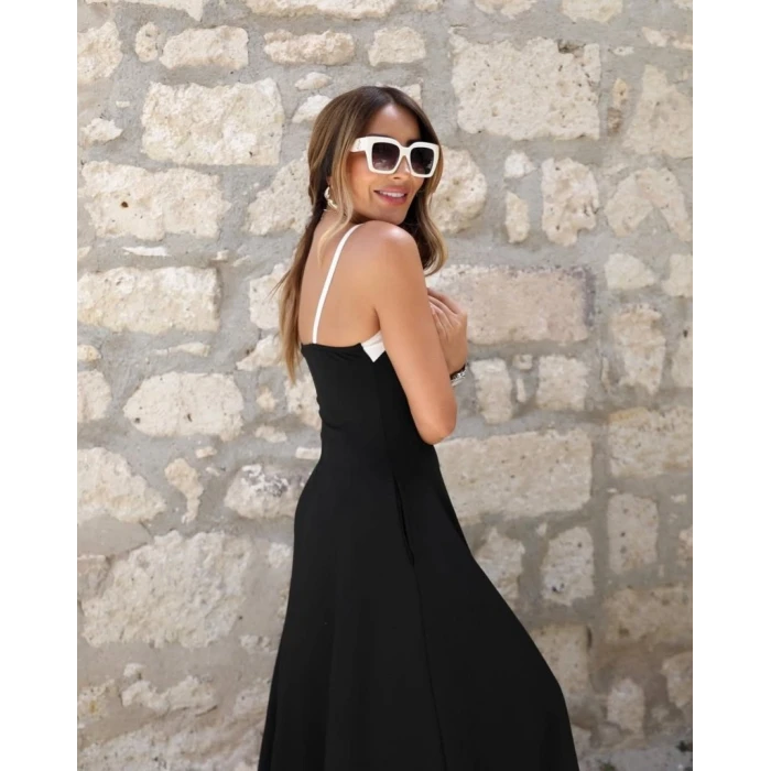 ieg™ Kadın Ip Askılı V Yakalı çift Renkli Janjan Krep Elbise