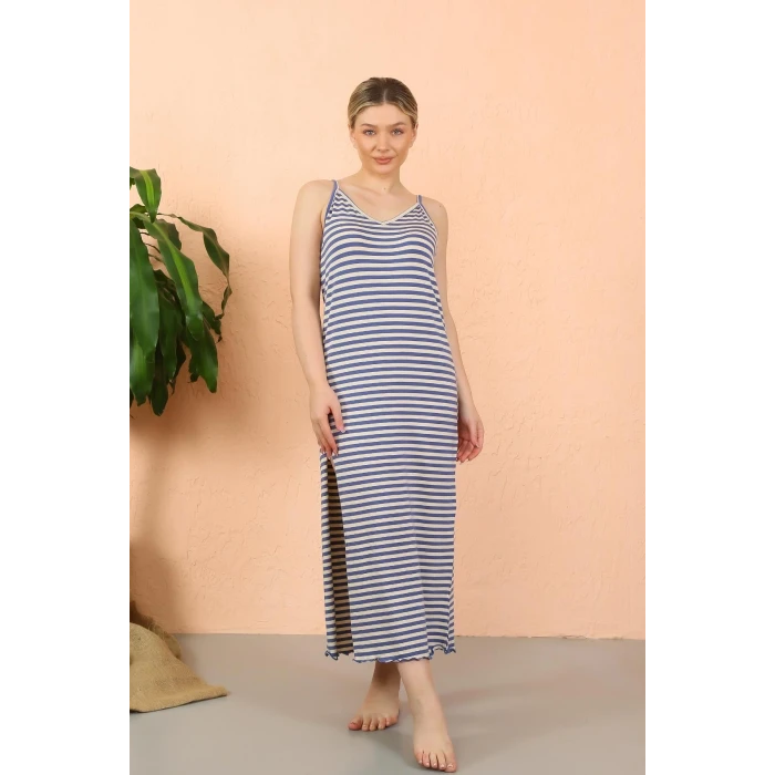 ieg ™ Kadın İp Askılı Yırtmaçlı Uzun Mavi Gecelik