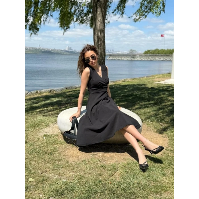 ieg™ Kadın Ithal Krep Kumaş Kruvaze Yaka Eteği Kloş Kolsuz Mini Elbise