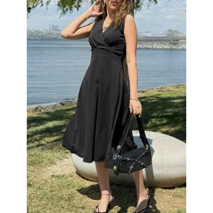 ieg™ Kadın Ithal Krep Kumaş Kruvaze Yaka Eteği Kloş Kolsuz Mini Elbise