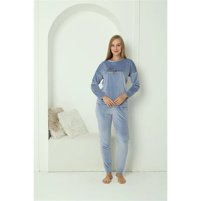 ieg ™ Kadın Kadife Mavi Pijama Takım