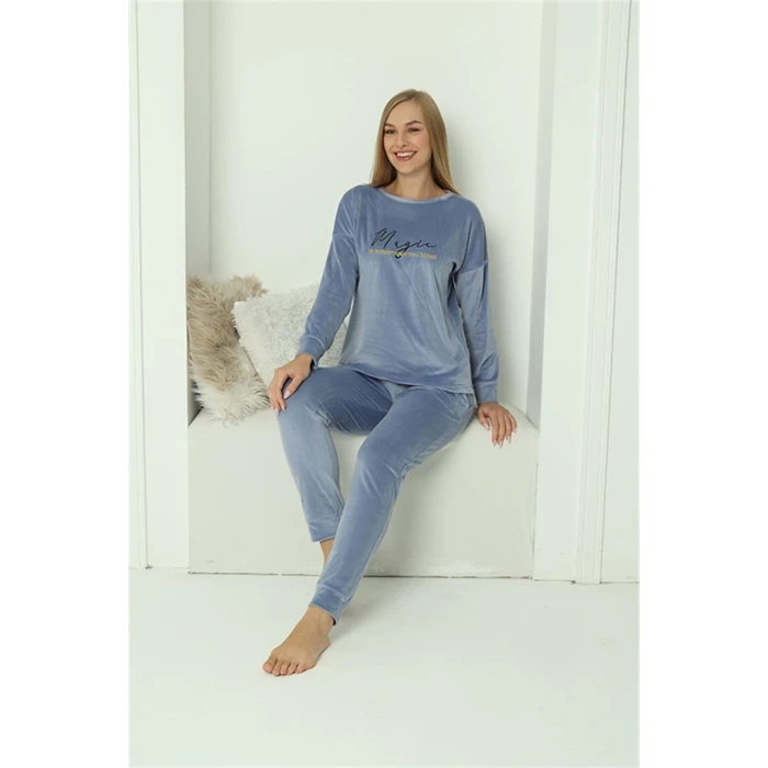 ieg ™ Kadın Kadife Mavi Pijama Takım
