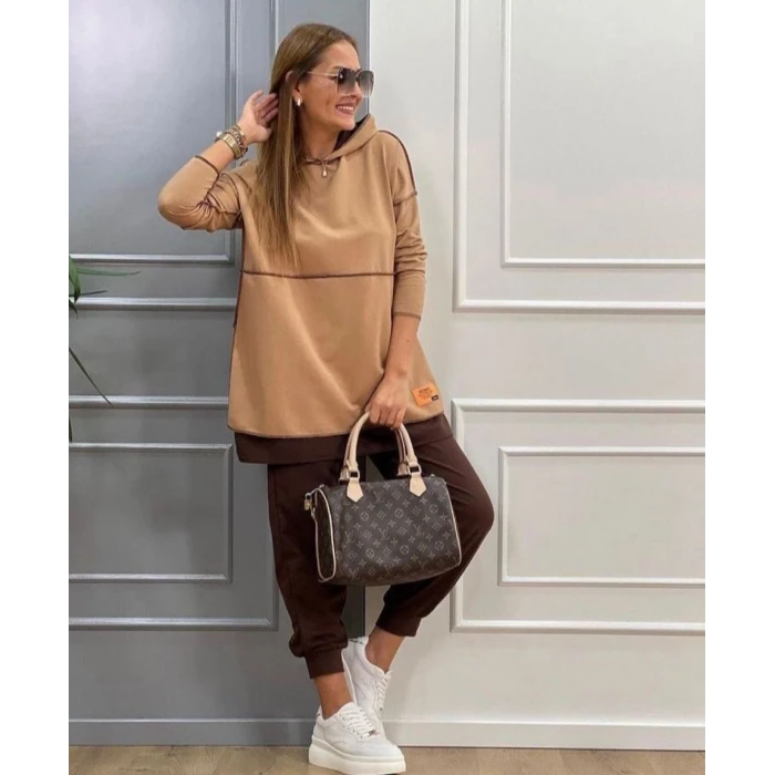 ieg™ Kadın Kahve Kapşonlu Etek Ucu Detay Arma Ters Dikiş Gorunumlu Ikili Takım