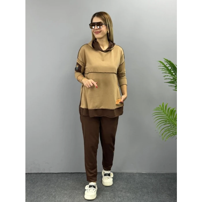 ieg™ Kadın Kahve Kapşonlu Etek Ucu Detay Arma Ters Dikiş Gorunumlu Ikili Takım
