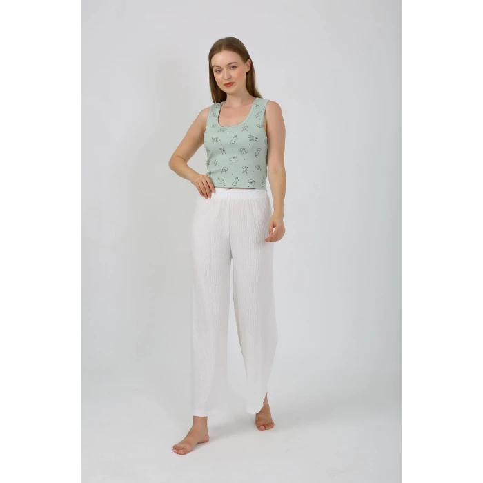 ieg ™ Kadın Kalın Askılı Body Bol Paça Pantolon 2`li Takım Beyaz