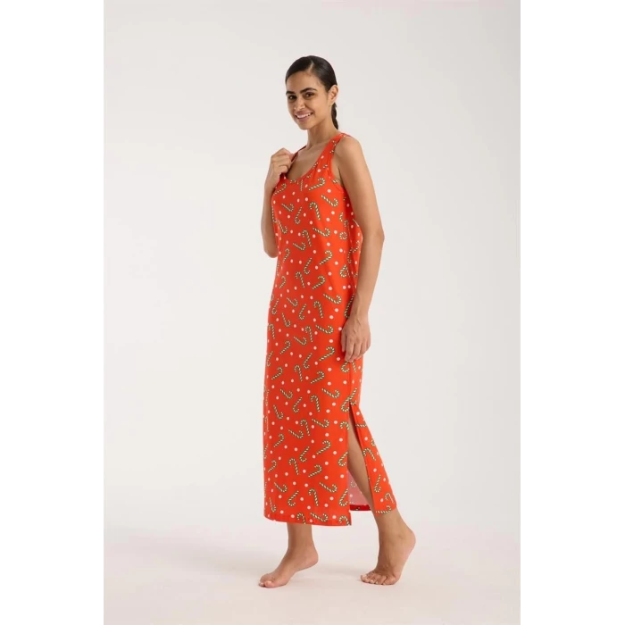 ieg ™ Kadın Kalın Askılı Yırtmaçlı Uzun Turuncu Gecelik